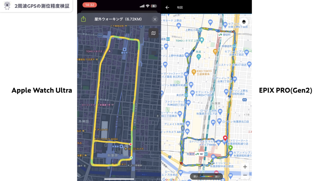 GARMIN ｢EPIX PRO」｢FÉNIX 7X PRO」とApple WatchのGPS測位検証結果１つ目