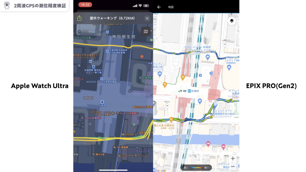 GARMIN ｢EPIX PRO」｢FÉNIX 7X PRO」とApple WatchのGPS測位検証結果２つ目