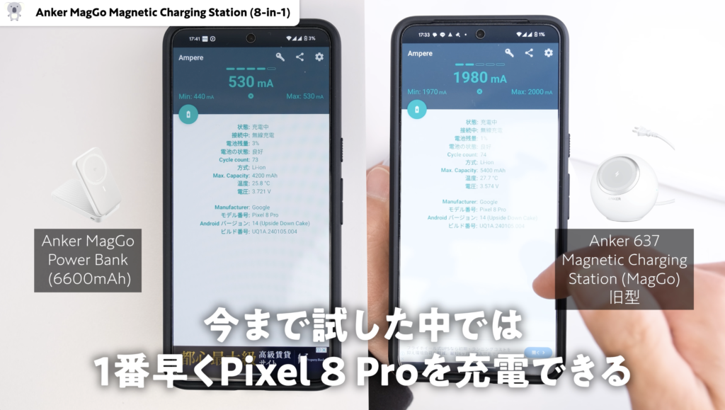 Pixel 8 Proを使用したAnker 637 Magnetic Chalging Station (MagGo)充電時間の検証結果表