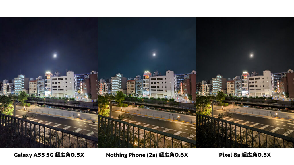 「Galaxy A55 5G」「Phone (2a)」「Pixel 8a」カメラ比較、写真比較、夜の作例