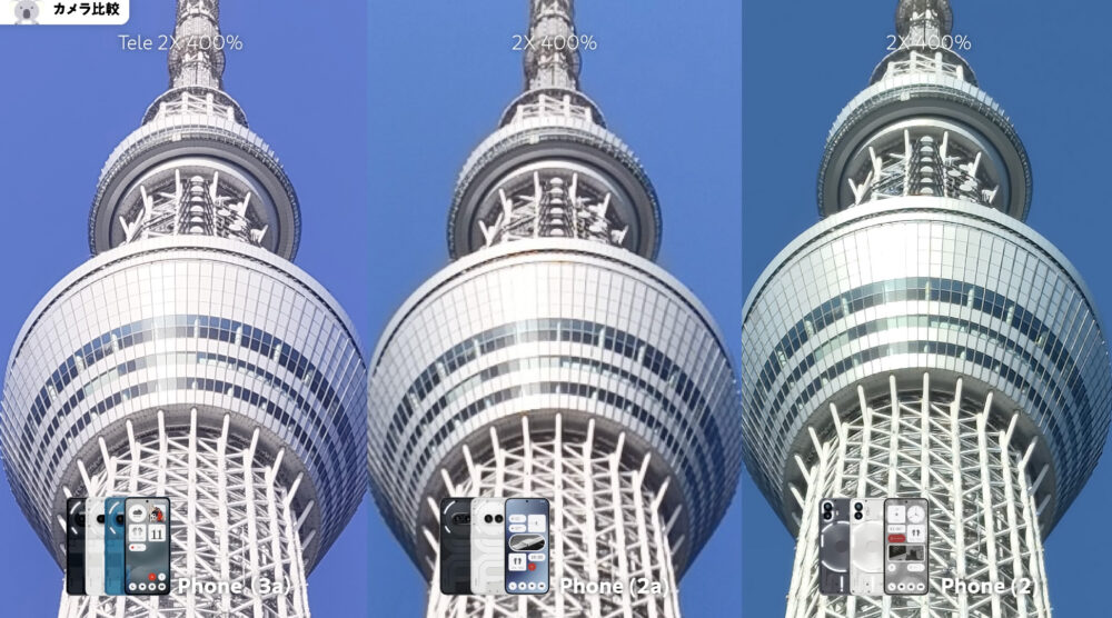 Nothing Phone (3a)とPhone (2a)とPhone (2)カメラ比較_400%
