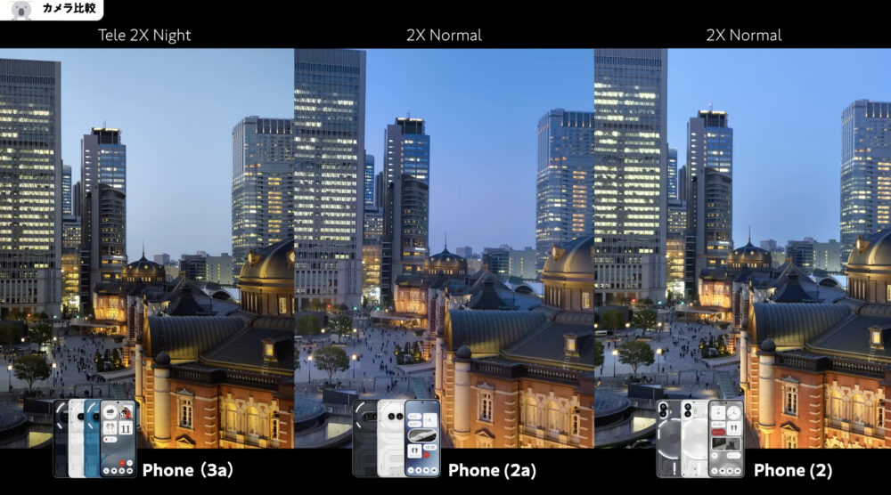 Nothing Phone (3a)とPhone (2a)とPhone (2)カメラ比較_夜間モード