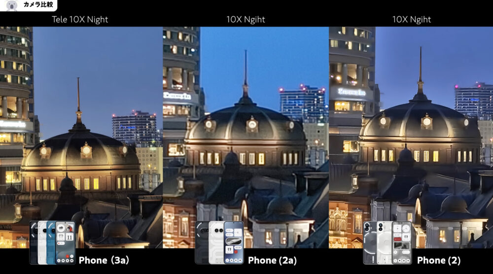 Nothing Phone (3a)とPhone (2a)とPhone (2)カメラ比較_夜間モード望遠