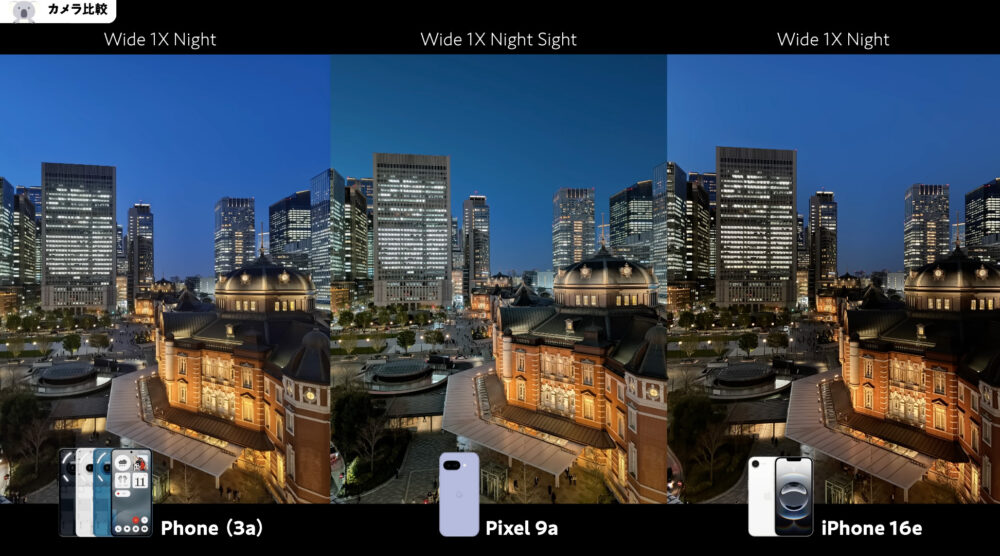 Nothing Phone (3a) ・ Pixel 9a・iPhone 16eカメラ比較_夜間モード