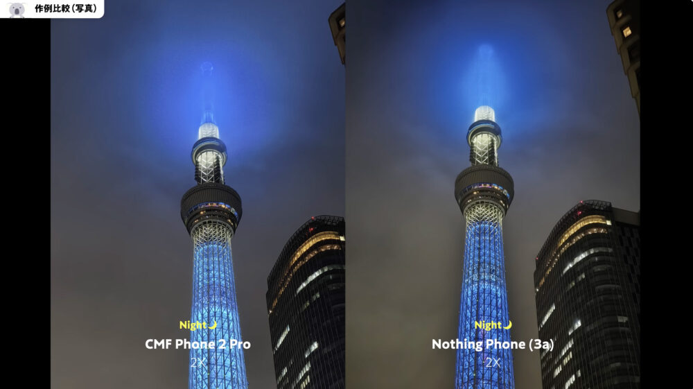 CMFPhone2ProとNothingPhone (3a)のカメラ比較夜の作例2倍