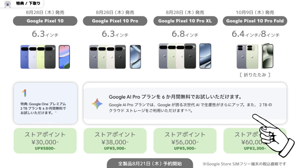 Pixel10シリーズストアポイント一覧