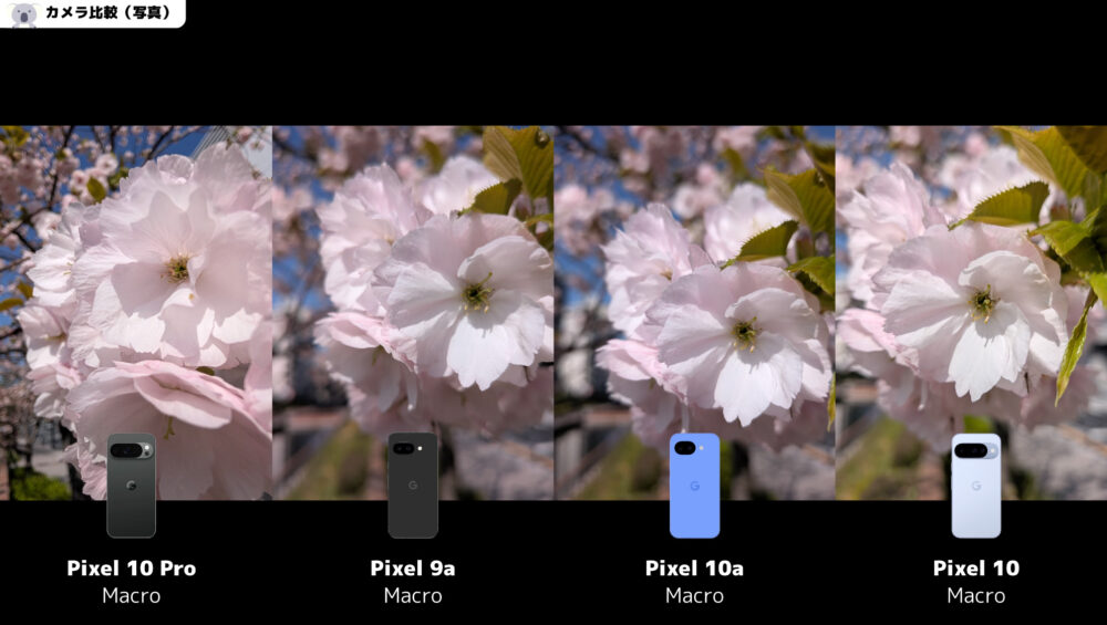 Pixel10aとPixel9aとPixel10とPixel10Proマクロカメラ比較